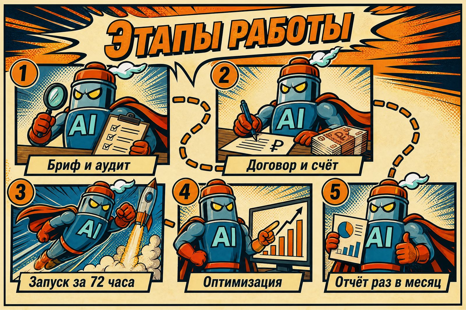 Инфографика «Этапы работы»: бриф и аудит, договор и счёт, запуск за 72 часа, оптимизация, отчёт раз в месяц