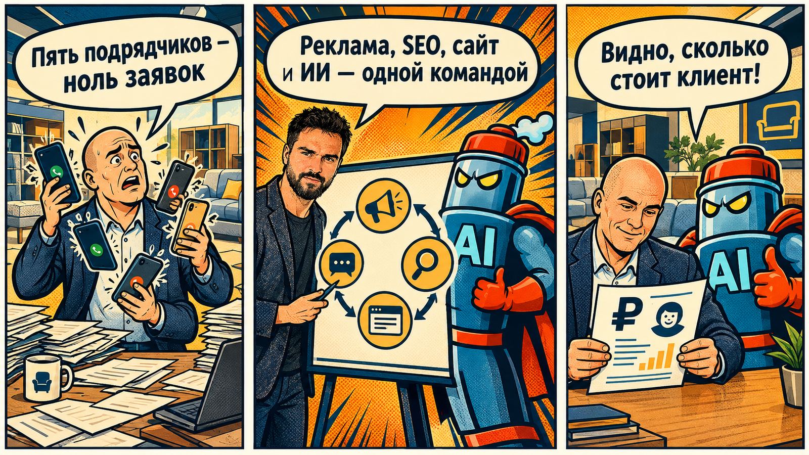 Комикс в трёх кадрах: у владельца пять подрядчиков и ноль заявок; Артём Беспалов и маскот-термос собирают рекламу, SEO, сайт и ИИ в одну команду; владелец видит, сколько стоит клиент