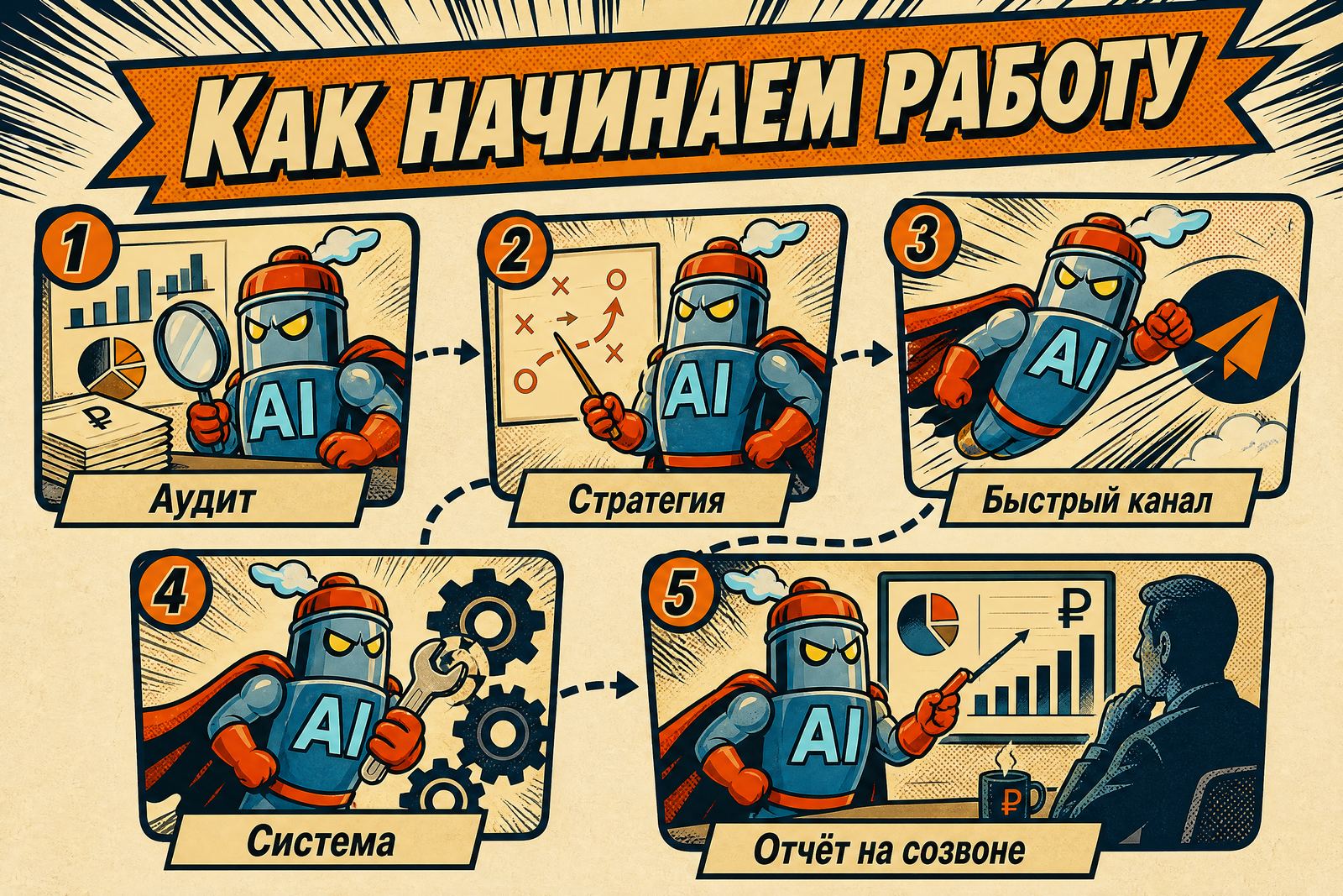 Инфографика «Как начинаем работу»: аудит, стратегия, быстрый канал, система, отчёт на созвоне