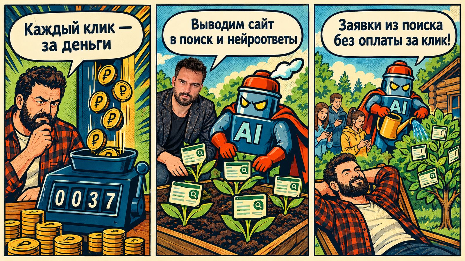 Комикс в трёх кадрах: каждый клик в рекламе стоит денег; Артём Беспалов и маскот-термос выводят сайт в поиск и нейроответы; заявки из поиска без оплаты за клик