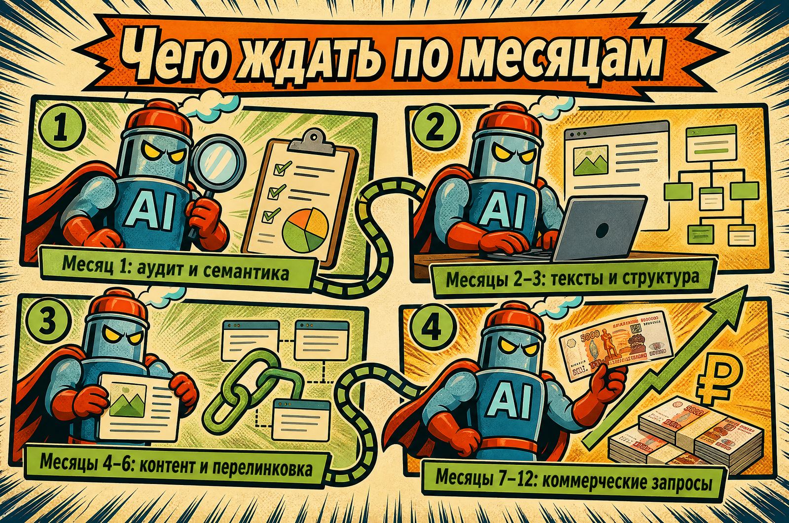 Инфографика «Чего ждать по месяцам»: месяц 1 — аудит и семантика, месяцы 2–3 — тексты и структура, 4–6 — контент и перелинковка, 7–12 — коммерческие запросы