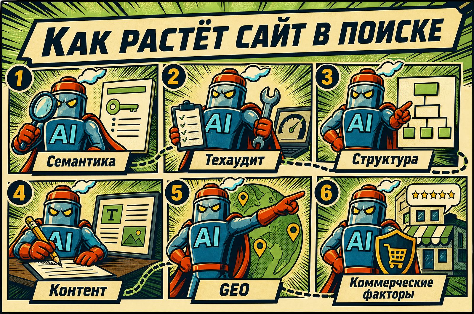 Инфографика «Как растёт сайт в поиске»: семантика, техаудит, структура, контент, GEO, коммерческие факторы