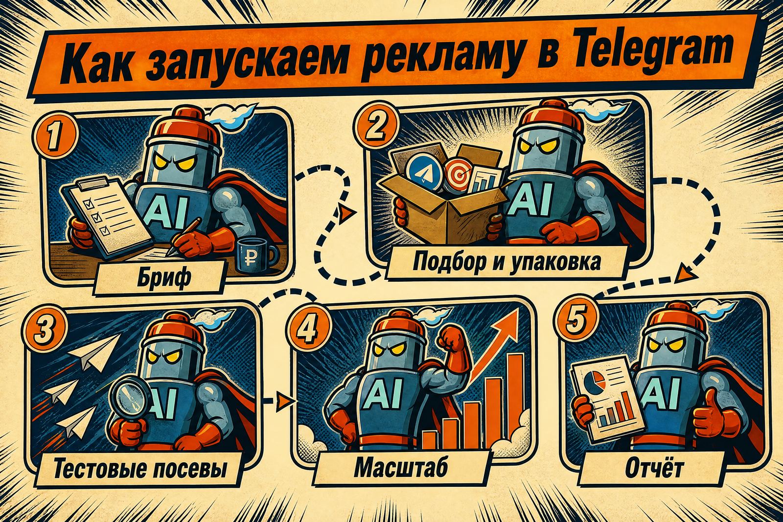 Инфографика «Как запускаем рекламу в Telegram»: бриф, подбор и упаковка, тестовые посевы, масштаб, отчёт