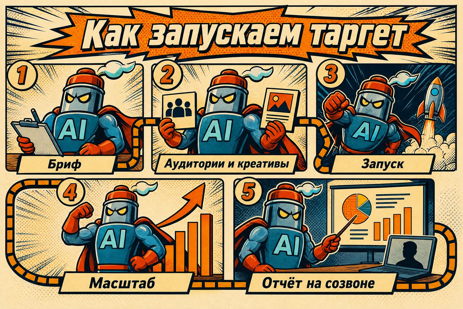 Инфографика «Как запускаем таргет»: бриф, аудитории и креативы, запуск, масштаб, отчёт на созвоне