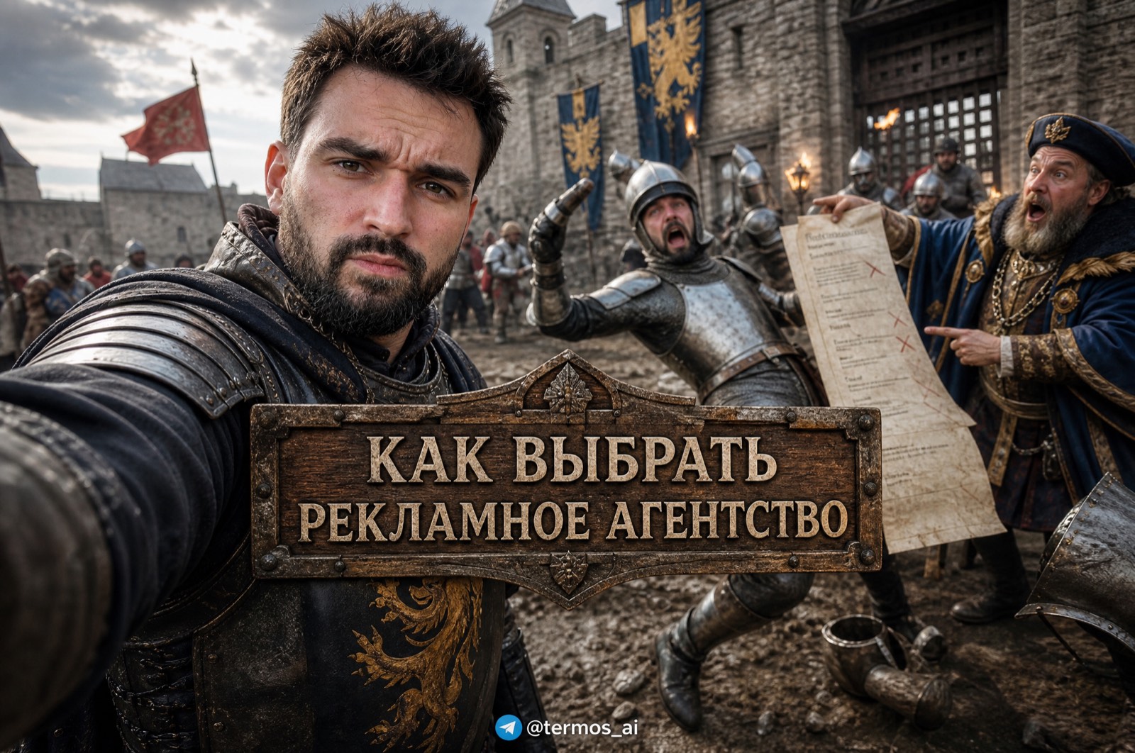 Рыцарь на площади средневекового города показывает вывеску «Как выбрать рекламное агентство», рядом герольд тычет в свиток с вычеркнутыми пунктами